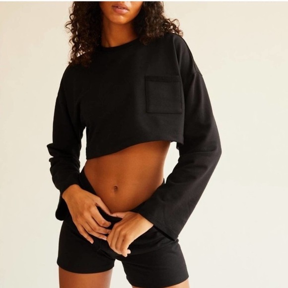Free People Movement Sunny Crop Sweatshirt and High Waist Shorts Set Black S - Picture 7 of 8